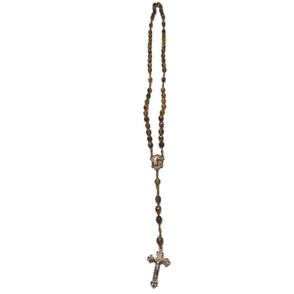 Vintage Golden-Topaz-Colored Sparkly‎ Faceted Glass Bead Silver-Colored Rosary